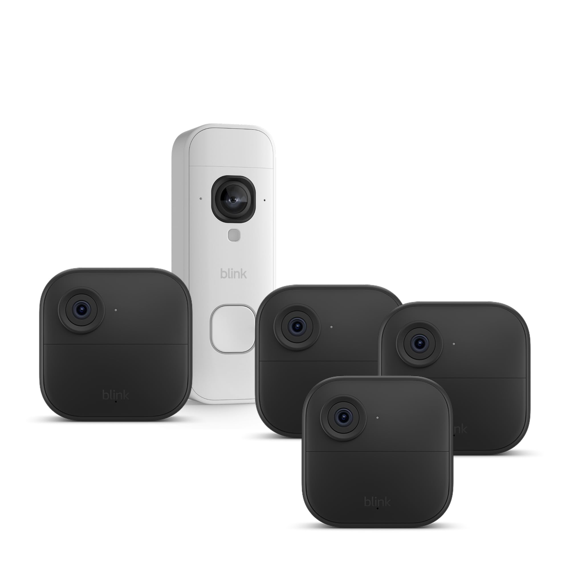 Blink Outdoor 4 Kameras mit Blink Videotürklingel 2K+ (neueste Generation), Weiß, inkl. Sync Module Core