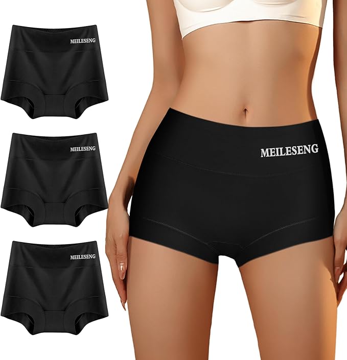 Boy Shorts Underwear for Women High Waisted Cotton Panties Soft Stretch Ladies Boxer Briefs 3 Pack Black