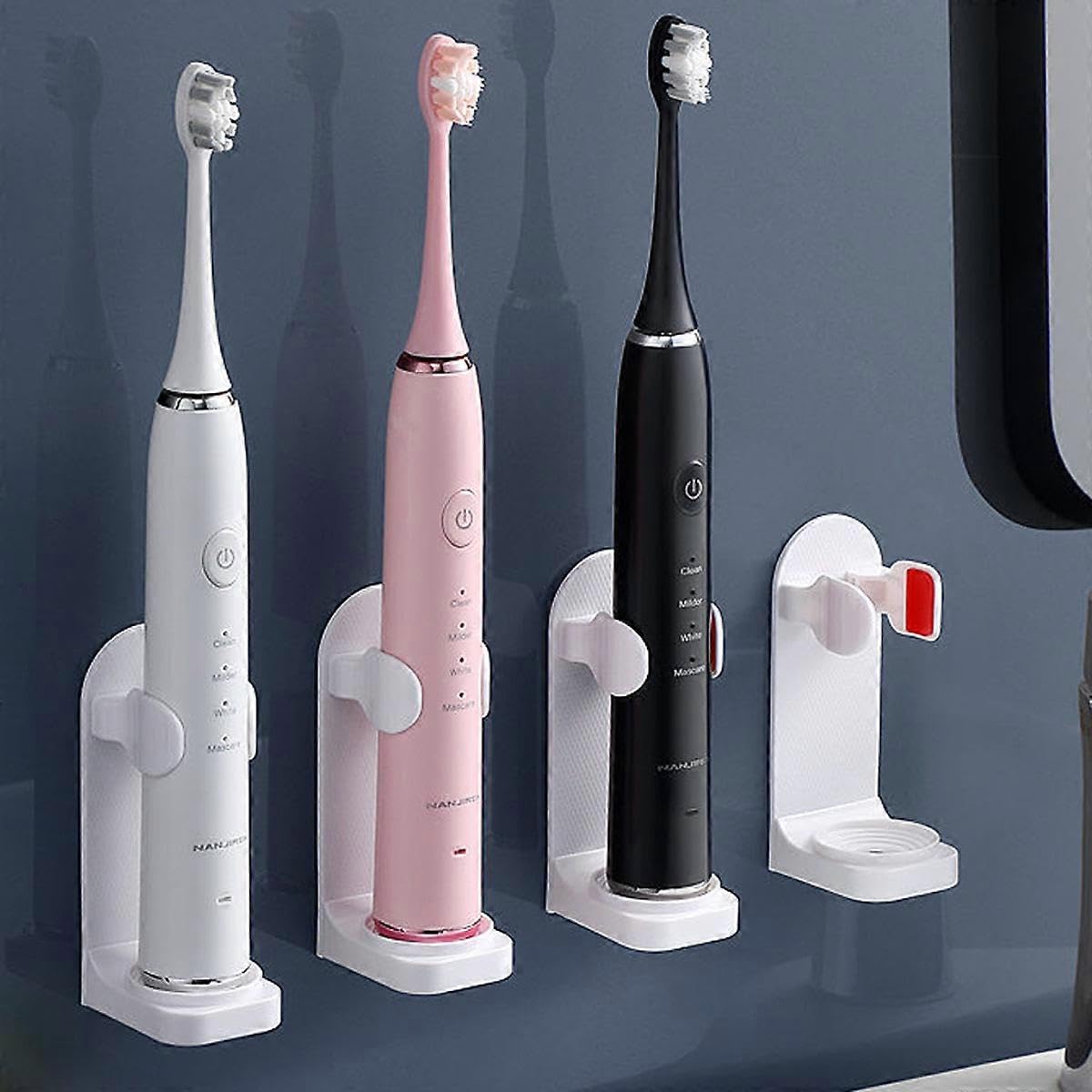 JOYHAPPST Dww 2-in-1 Electric Toothbrush Holder, 4-Hole Wall-Mounted Adhesive Toothbrush Holder, Adjustable Storage Shelf for Water Cup for Bathroom (White, Too