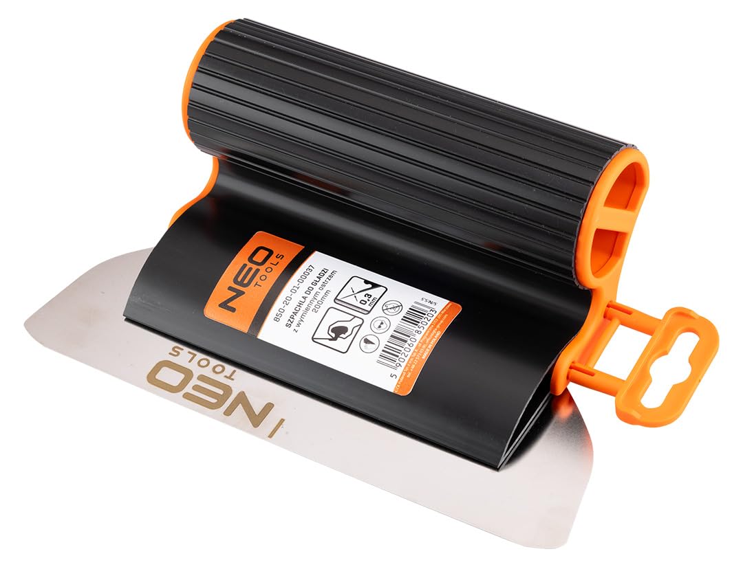 NEO TOOLS Zestaw szpachli do tynku i gipsu, 8-częściowy w walizce – szpachla powierzchniowa 200-800 mm z ostrzami ze stali nierdzewnej 0,3 mm, drążek teleskopowy 0,7-1,2 m, adapter i wałek do