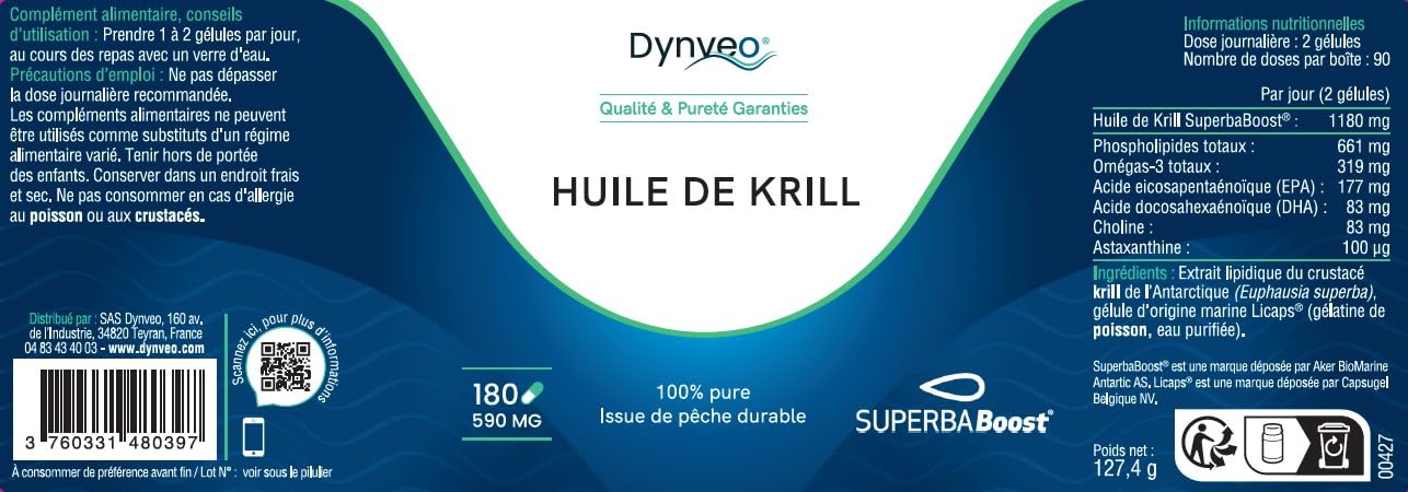 Aceite de Krill Pure Superba Boost 590 mg - Omega-3 fosfolípidos y astaxantina - Alta biodisponibilidad - 180 Cápsulas Licaps - Producto de pesca sostenible y respetuoso con el medio ambiente - Dynveo