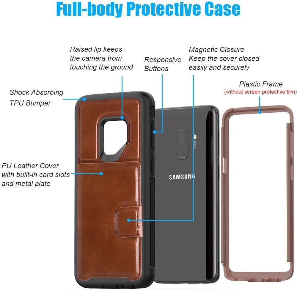 Galaxy S9 Case with Built-in Magnetic Backing,SXTech (Leather Cover Series) Slim Yet Protective with Card Holders.Kickstand Wallet Case Fit for Samsung Galaxy S9 5.8 Inch (2018) Cover-Brown
