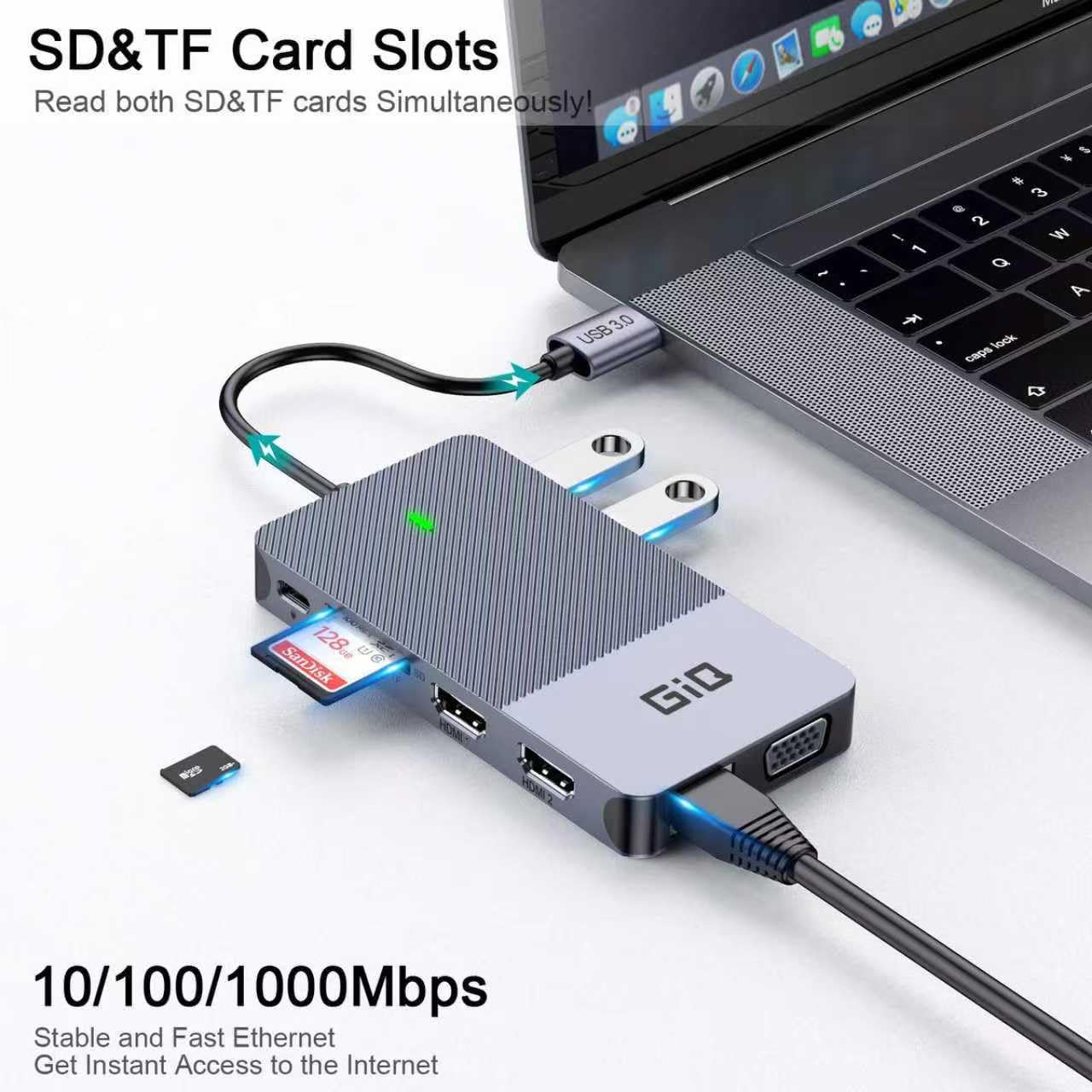 USB Dockingstation GIQ USB C Hub USB 3.0 zu Dual HDMI VGA Adapter Dreifach Display USB C Laptop Dockingstation Dual Monitor HDMI Splitter Extender Kompatibel mit MacBook M1 M2 M3 USB Dock-Grey