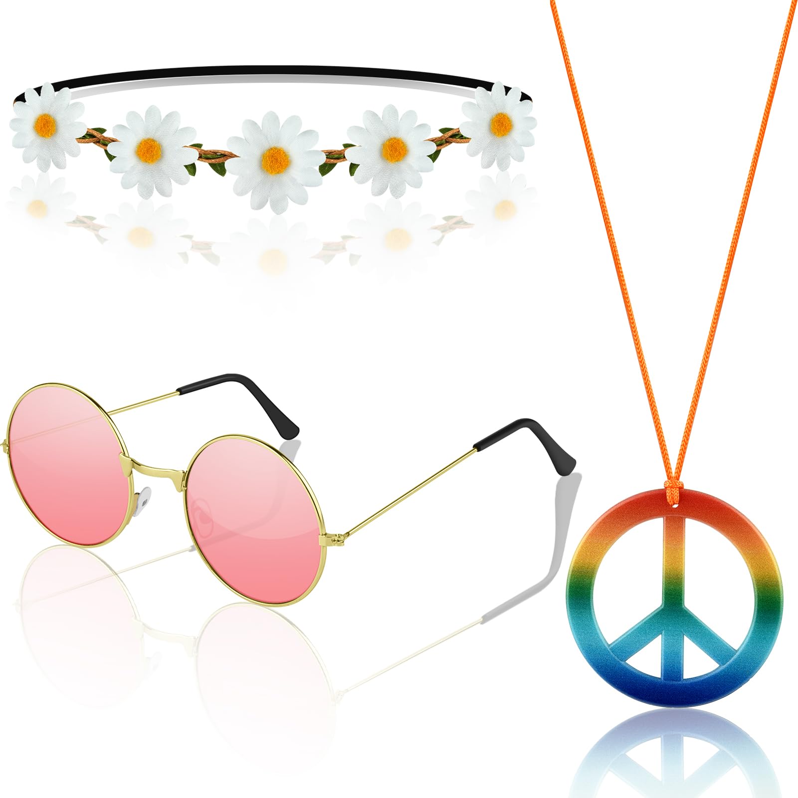 NEBURORA 3Pcs Hippie Costume Accessories Set 60s 70s Daisy Headband Peace Sign Necklaces Hippie Sunglasses Costume Supplies for Carnival Party