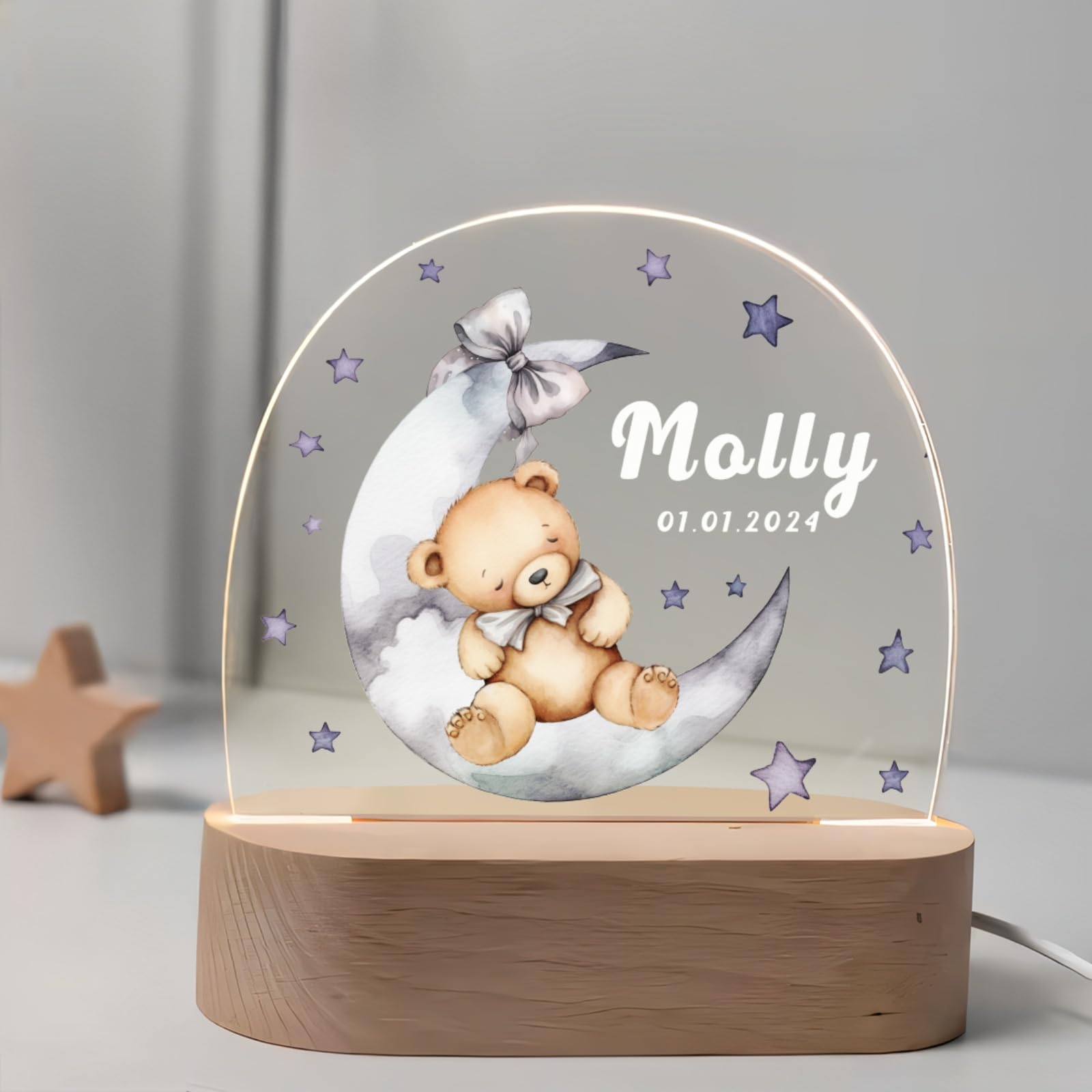 Goodqueen Custom Moon and Bear Acrylic Night Light Lamp, Personalized Name Moon and Stars, USB Wood Base, Newborns Kids Gift, Color Changing, Art Deco