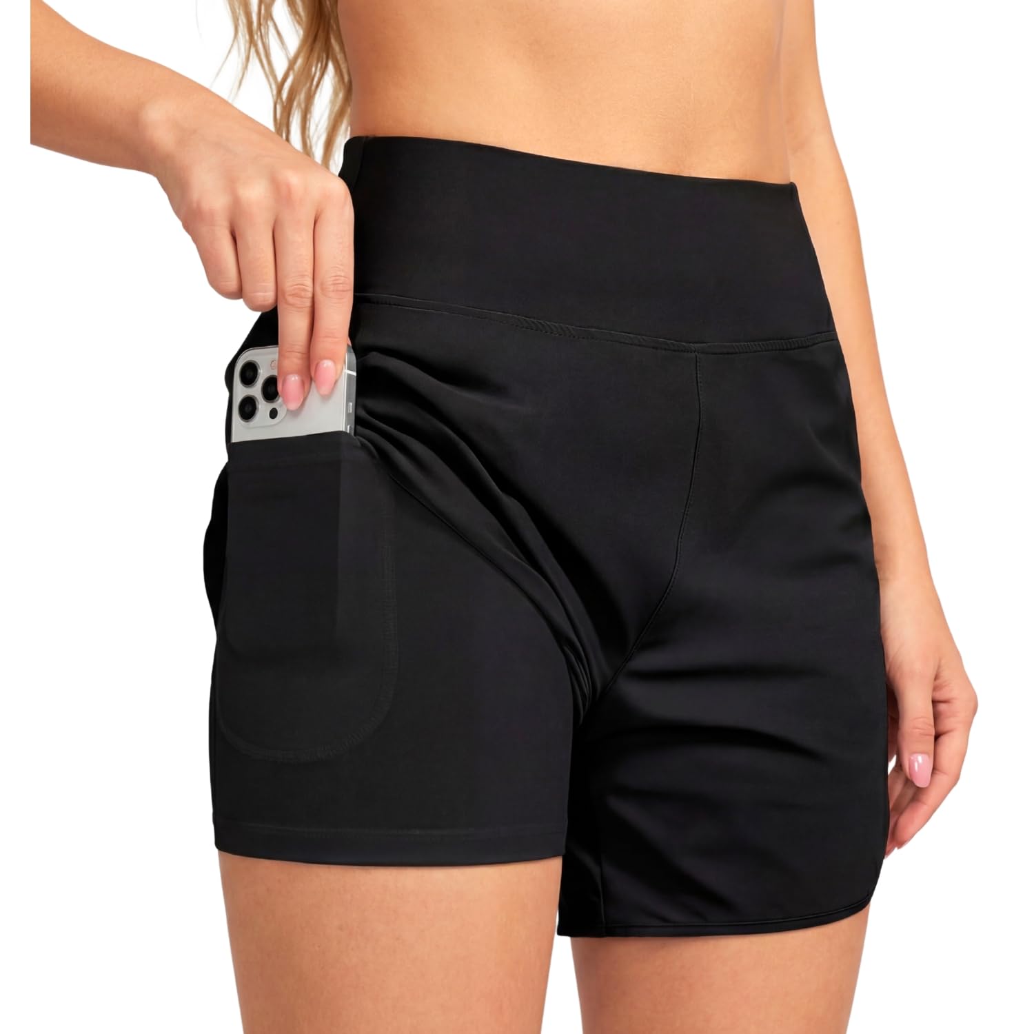 hurley high waisted women's swim shorts - 5" tummy control beach shorts boardshorts with liner, upf 50+ swimsuit bottom black