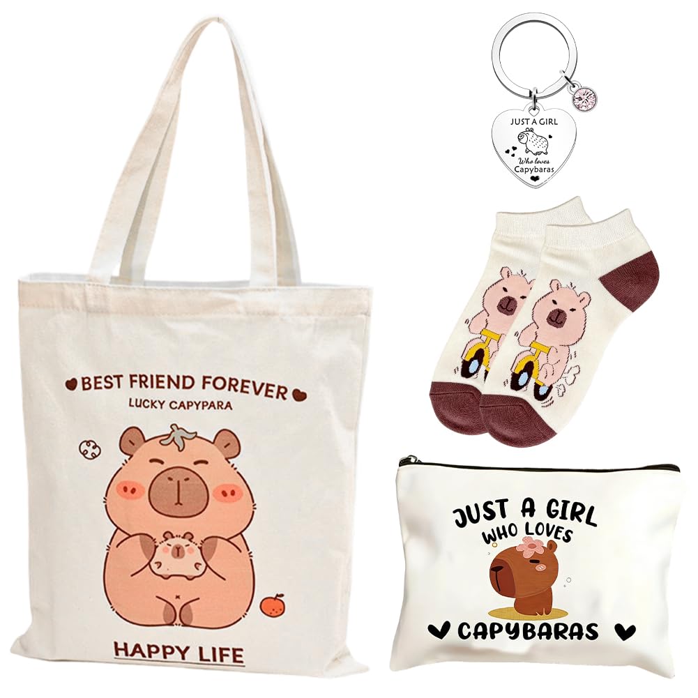 Vexthorion Capybara Gifts Set 4Pcs for Women - Capybara Tote Bag Makeup Bag Funky Socks & Keyring Capybara Animal Lover Birthday Presents for Girls Daughter Niece Mum Auntie Wife Friends (Capybara) โ image 1