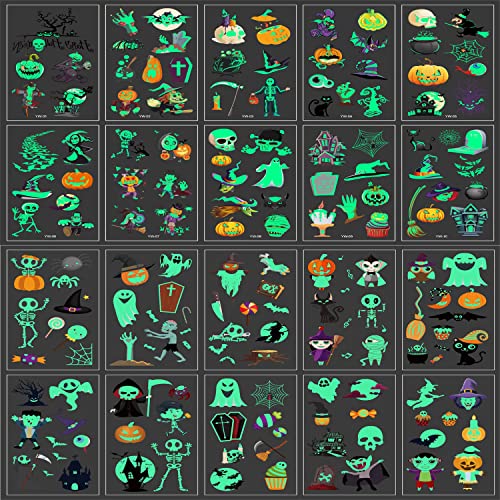 Pegatinas de Tatuajes de Halloween,20 Hojas Hojas Halloween Luminoso Tatuajes Temporales,Halloween Tatuaje Luminoso,para Fiesta de Halloween de niños Regalo Cover