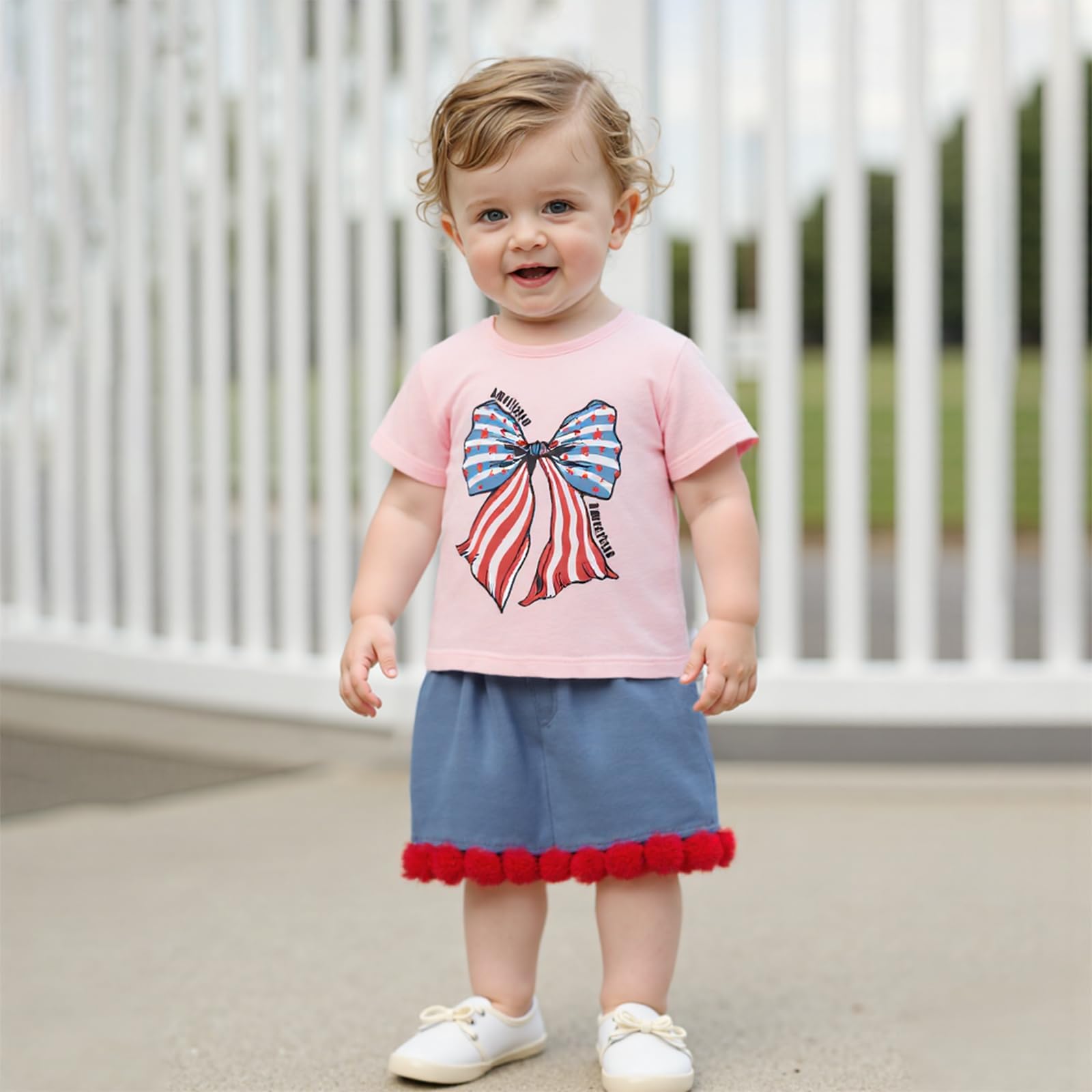4th of July Baby Girl Outfit Bow American Flag Shirt Tops A-line Skirt Set Toddle Girls Independence Day Clothes (Pink, 2-3T)