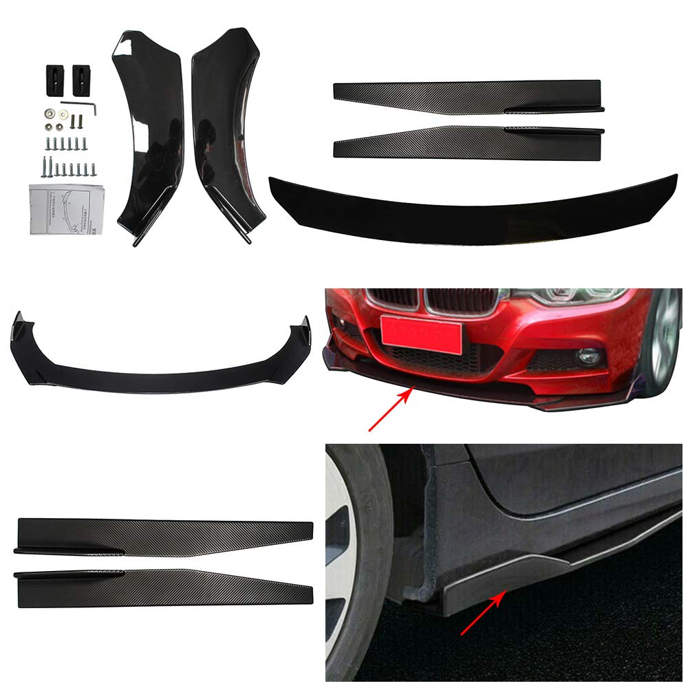 ZXMOTO Universal Front Bumper Lip Body Kit + 74.5cm Side Skirt Rocker Panels Car Front Lip Spoiler Diffuser with Pair Winglet Wings fits for Most Cars BMW Honda Audi VW