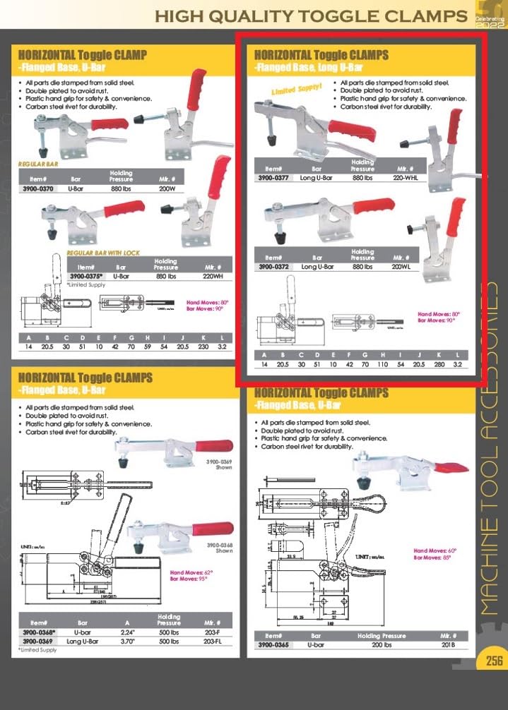 hhip horizontal sólido Bar con brida Base Toggle Clamps (diversos Holding presiones: 200 kg – 880 lbs), 880 lbs Holding Pressure, 1