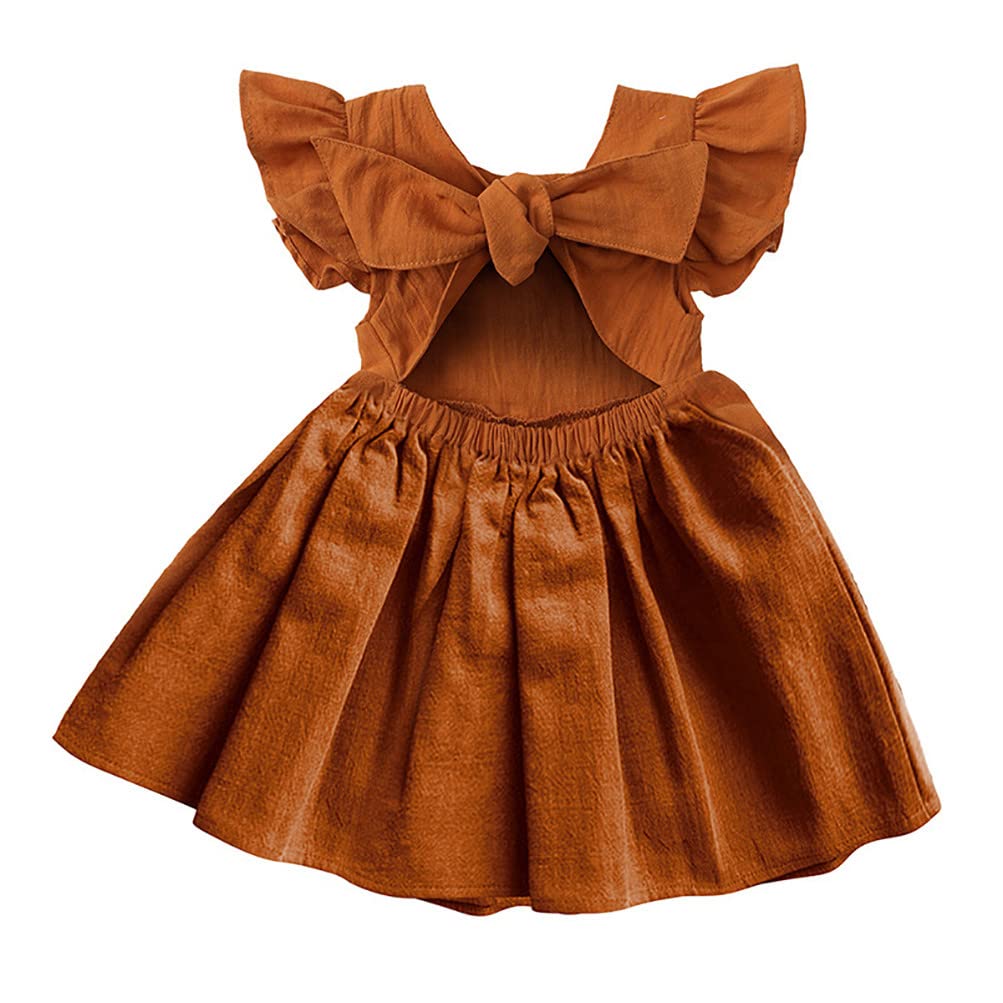 RUKOSU Toddler Baby Girls Dress Summer Cotton Linen Ruffle Bowknot Backless Sleeveless Kids Casual Beach Party Dresses Brown 9-12 Months