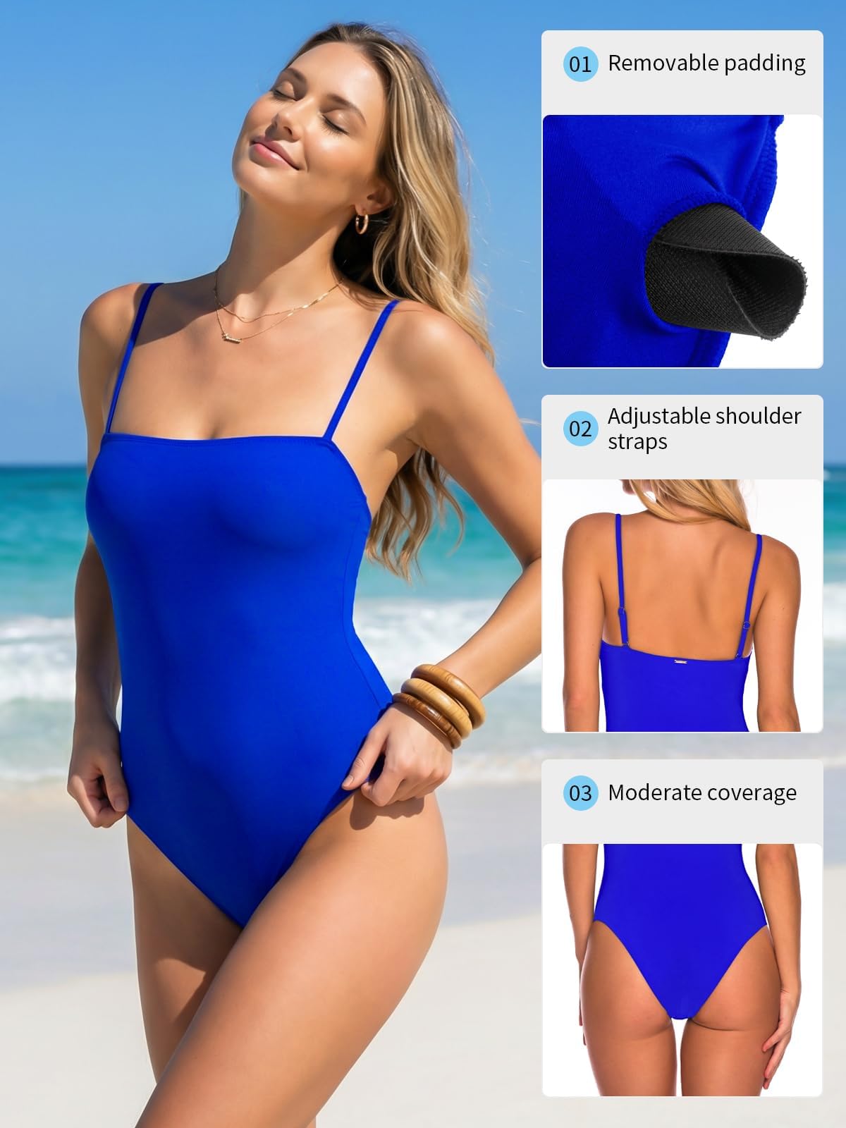 RELLECIGA Classic Maillot de Bain Une pièce Femme | Col carré, coussinets amovibles push-up, couverture modérée, bretelles réglables, maillot de bain tube, plage, vacances
