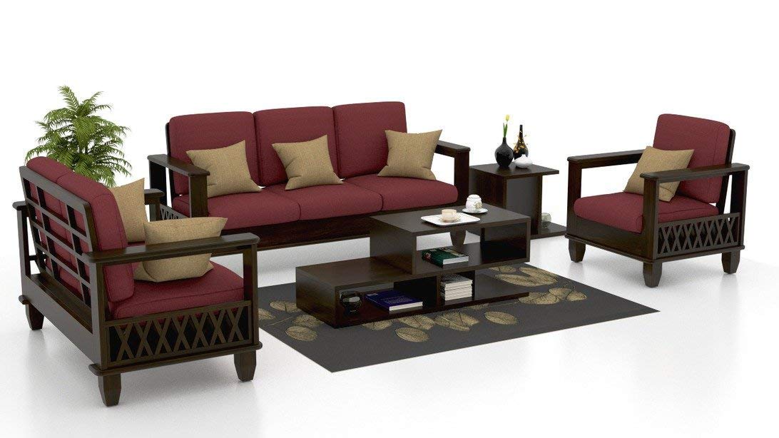 Solid Sheesham Wooden Fabric Sofa Set 3+2+1 (Wood Finish, Maroon)-image-23