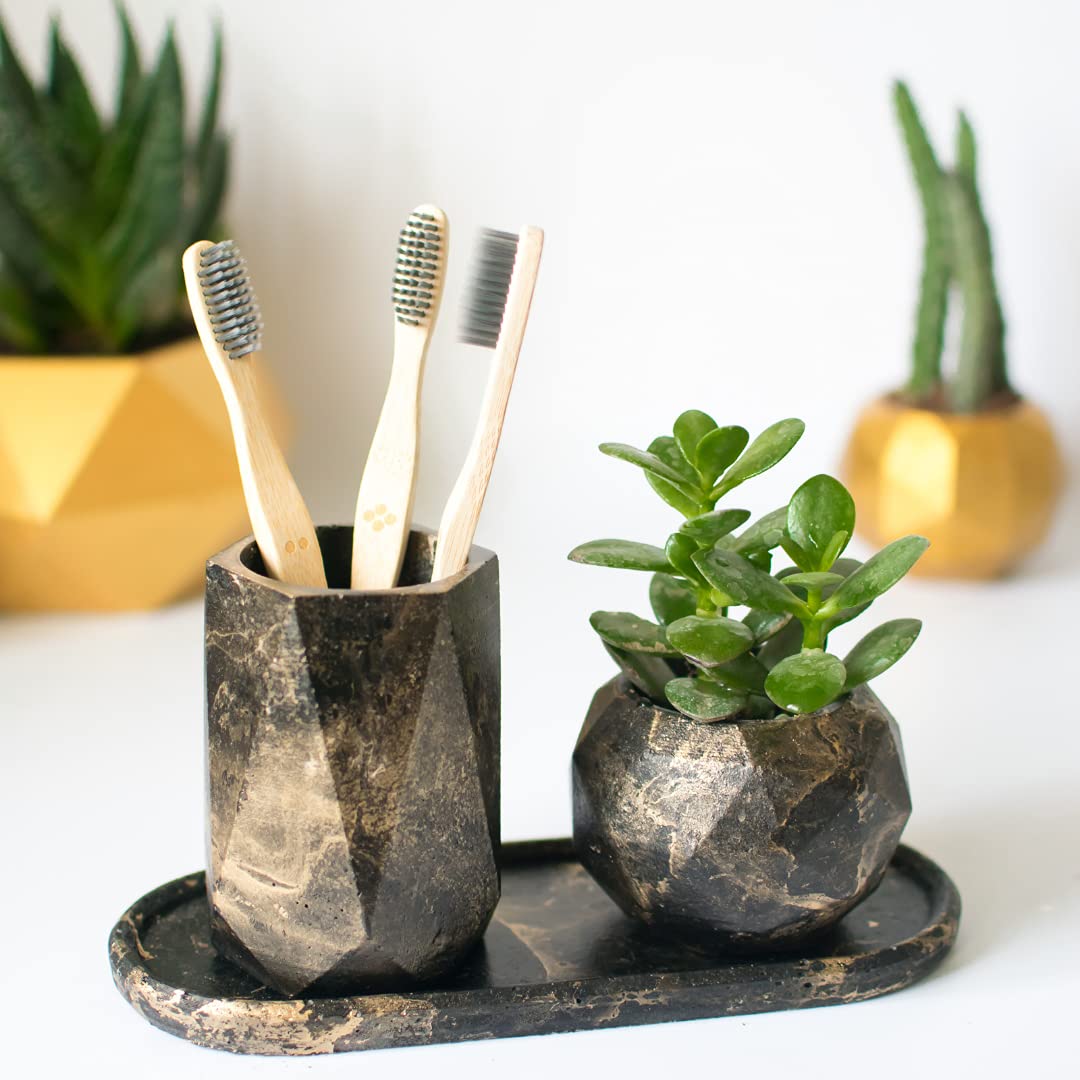 Dwell dapperDwell dapper | Set of 3 | Toothbrush Holder with Tray and Small Geometric Planter | Hand Crafted | Multi-Purpose Pen Holder or Organizer | Made of Concrete |Black with Golden Texture