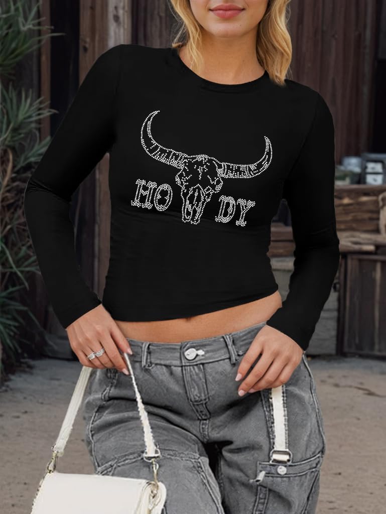 Cowgirl Outfits for Women Sparkly Western Country Concert Graphic Tee Cropped Rodeo Tight Long Sleeve Top - Image 3