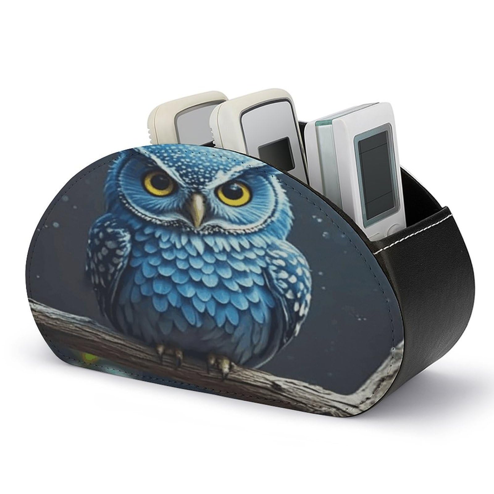 LZQPOEAS Blue Owl Remote Control Holder with 5 Compartments PU Leather Remote Organizer Box Caddy for Table Nightstand Remote Caddy Desktop Organizer Fits Media Controllers