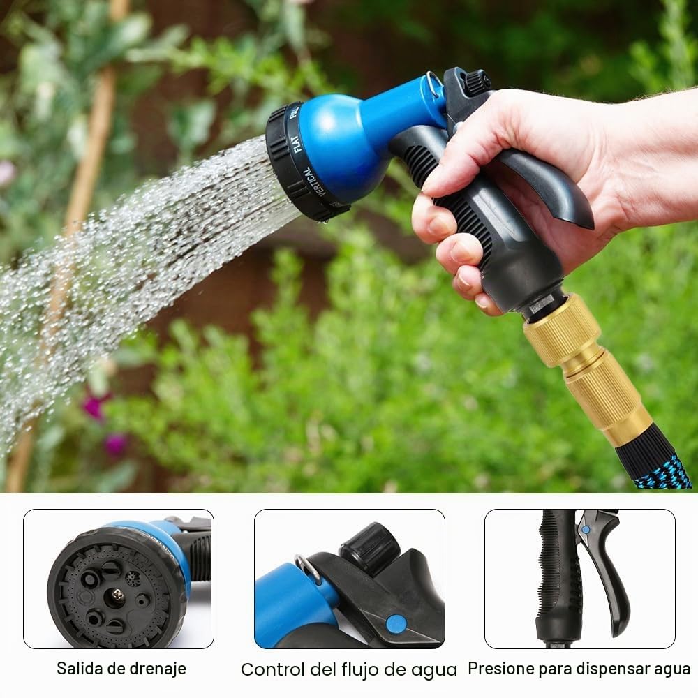 Manguera de jardín flexible de 15 m / 50 pies, manguera de agua flexible con conexiones de latón macizo de 3/4 pulgadas y 1/2 pulgadas, manguera flexible ligera con 10 modos para exteriores