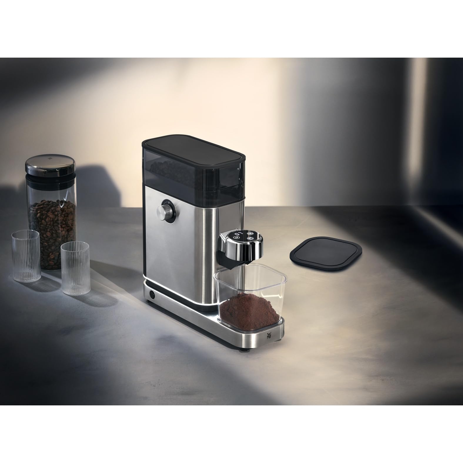 WMF Lumero elektryczny młynek do espresso 150 W, przyciski dotykowe LED, 40 stopni mielenia, pojemnik na kawę, stal nierdzewna Cromargan matowa