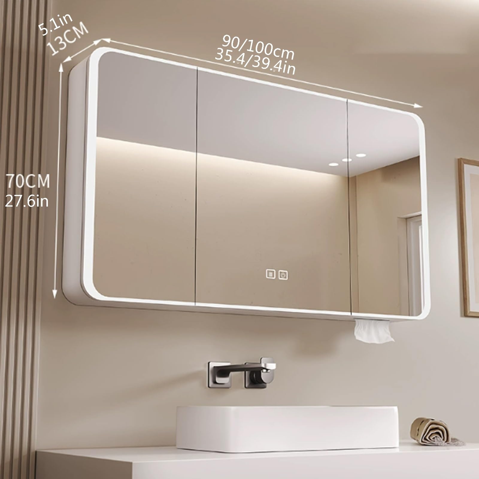 Specchio Bagno Contenitore Anti-Appannamento Smart Con LED, Dimmerazione Continua, Touch Control, Da Parete ( Color : White