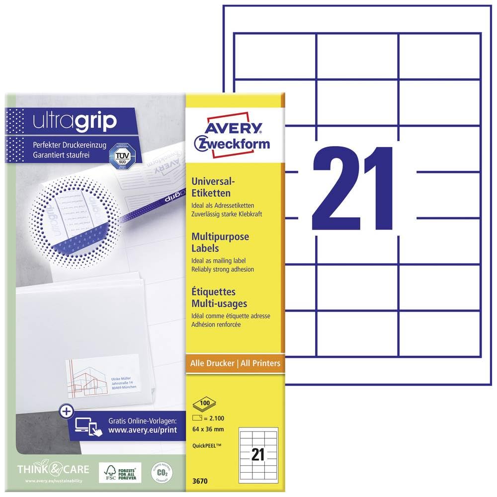 AVERY Zweckform 3670 Adressaufkleber (2.100 Klebeetiketten, 64x36mm auf A4, Papier matt, individuell bedruckbare Absenderetiketten, selbstklebende Adressetiketten mit ultragrip) 100 Blatt, weiß