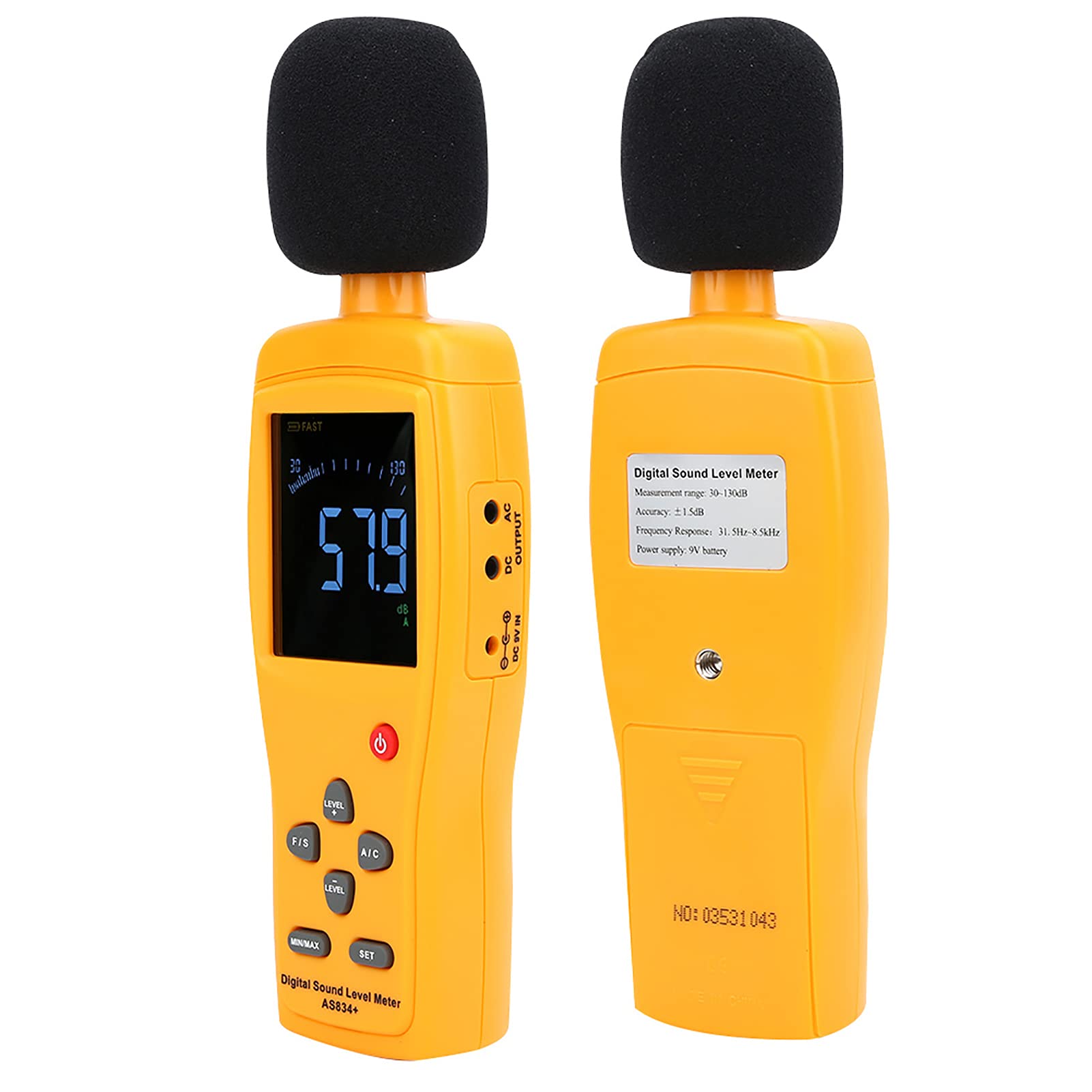 AS834+ Noise Meter, High Accuracy Decibel Detector, Large LCD Display, 90130dB Alarm Level for Home, Industry, Garage
