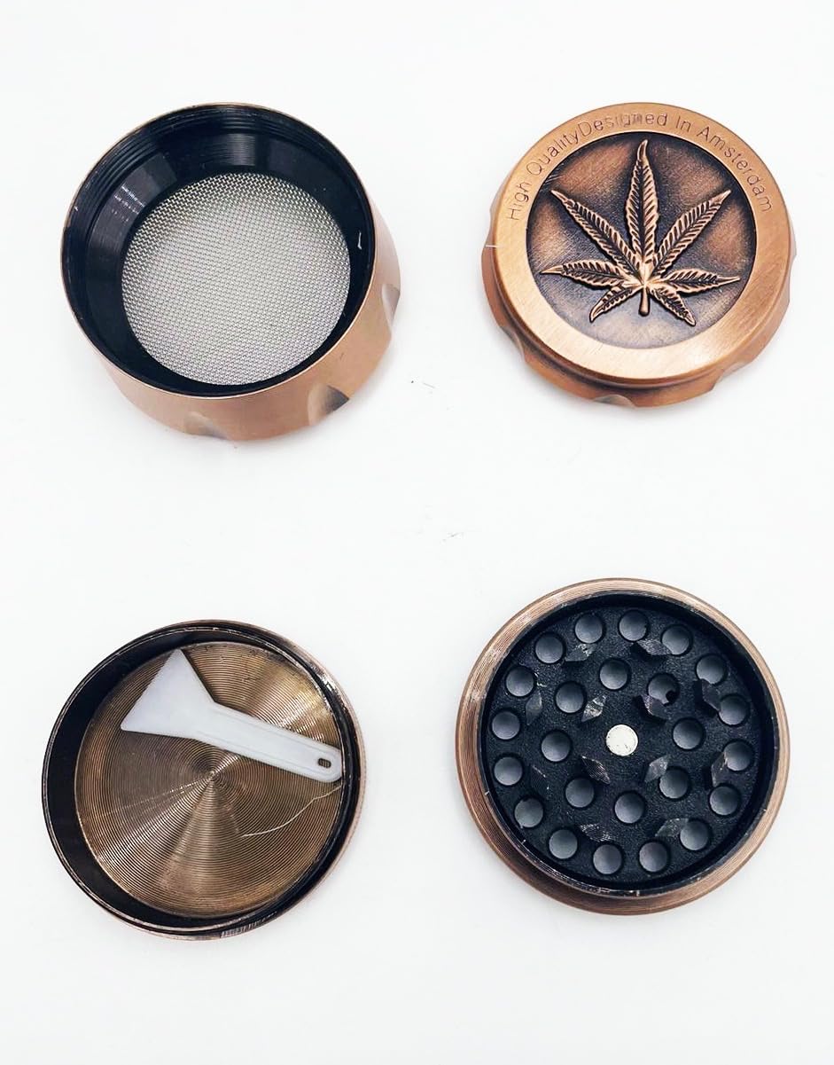 Hitansh Enterprises Bronze Leave Engraved 42 mm 3 Layer Metallic Herb Crusher, Grinder | Smoothesh Grinder of All Herbs and Spices | heg2304