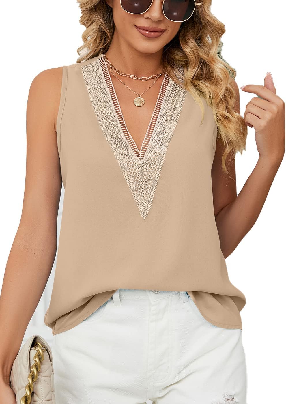 V Neck Lace Strappy Cami Tank Tops Casual Loose Sleeveless