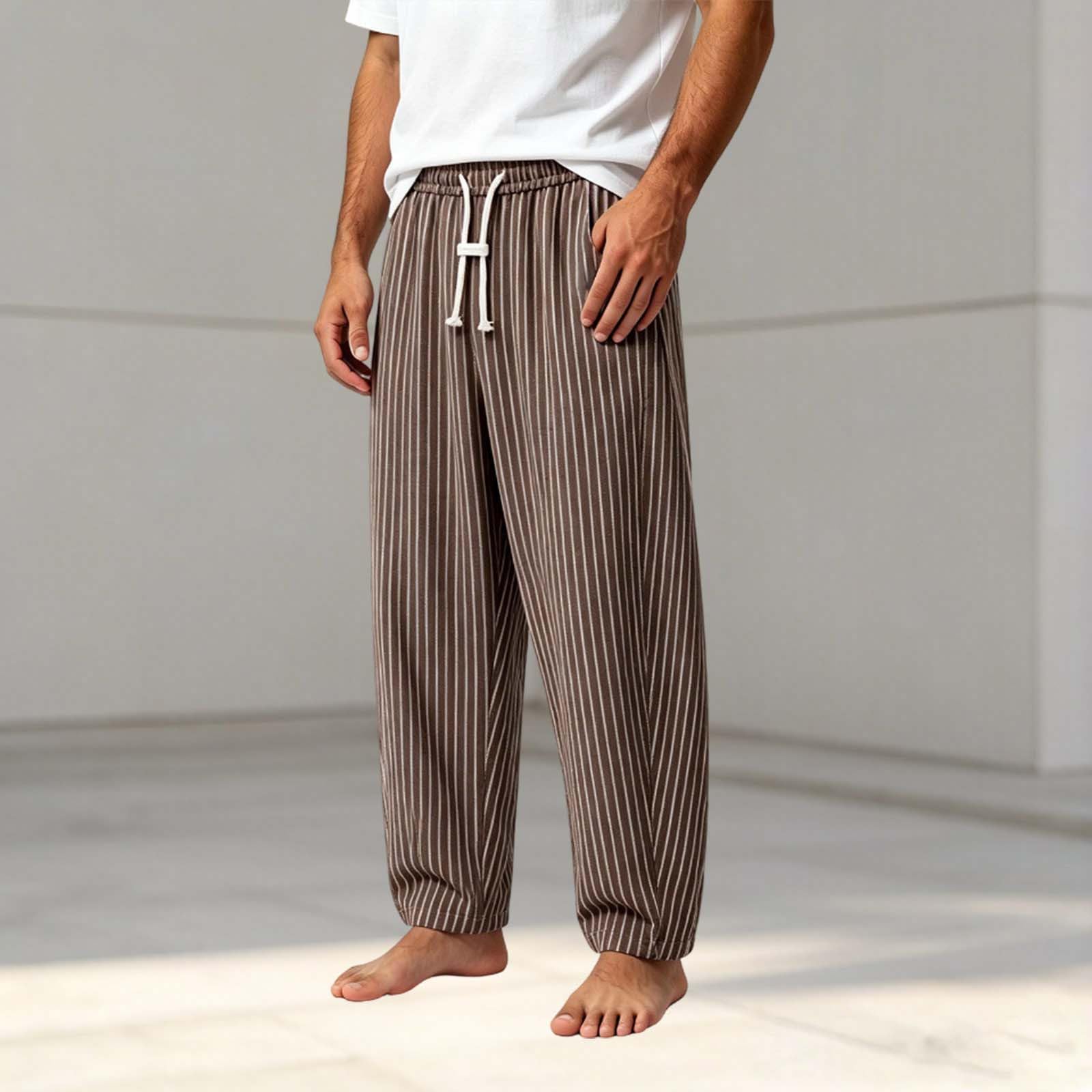 Pantalones de chándal largos a rayas para hombre, pantalones de deporte de verano, informales, holgados, rectos, lisos, pantalones de ocio, transpirables, con cordón y bolsillos, pantalones