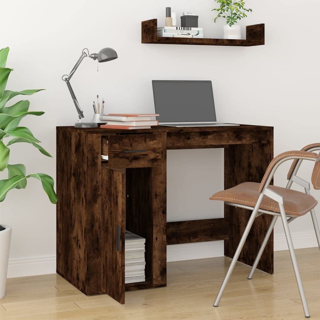 Biurko dąb wędzony 100 x 49 x 75 cm z materiału drewnopochodnego z szufladą, szafką, zarządzaniem kablami, idealne do biura, biura domowego, gabinetu, pokoju młodzieżowego i dziecięcego