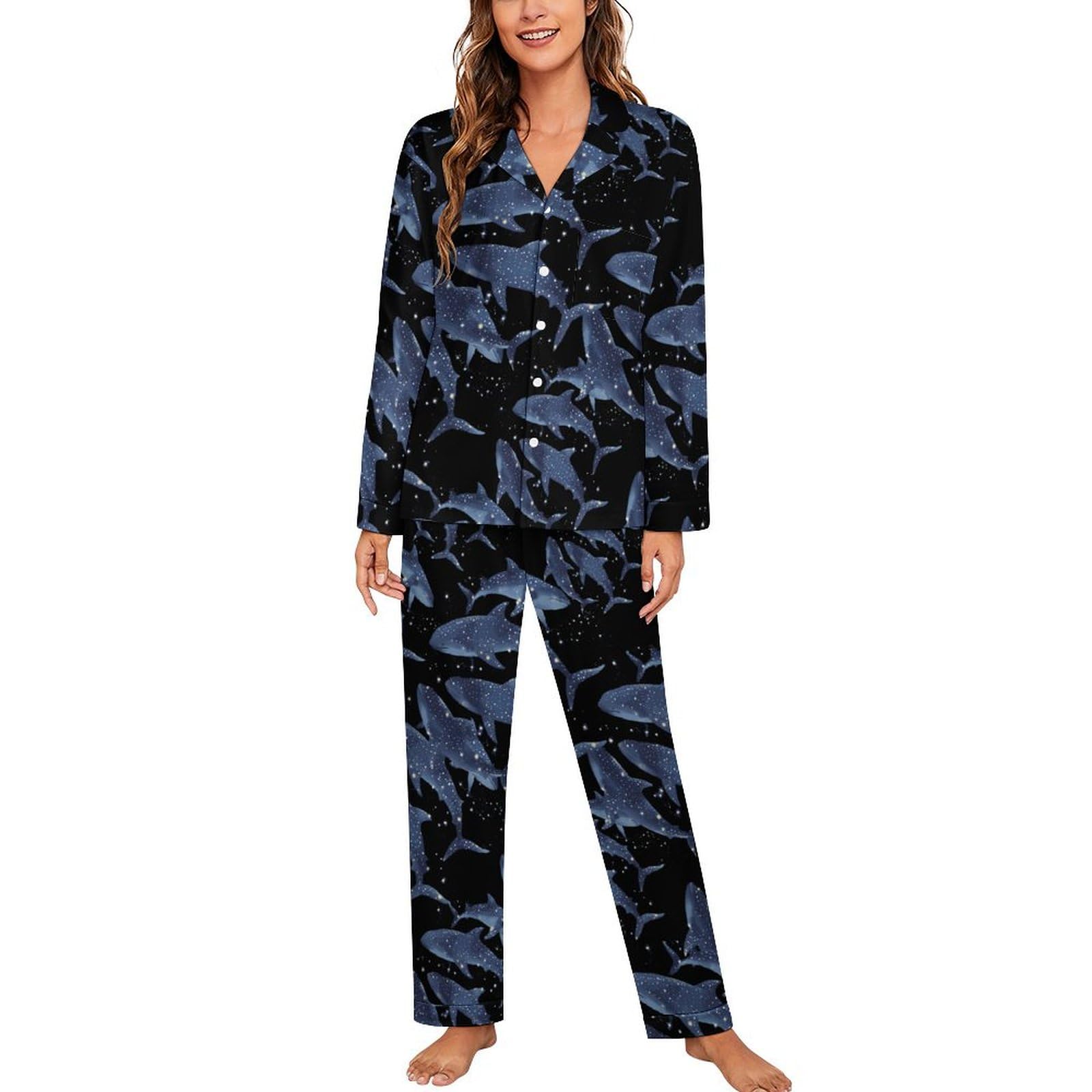 Waficac Unisex As Pic Cosmic Whale Shark Pajamas For Women Long Sleeve Pjs Sets 2 Pieces Button Loungewear Fall Sleepwear