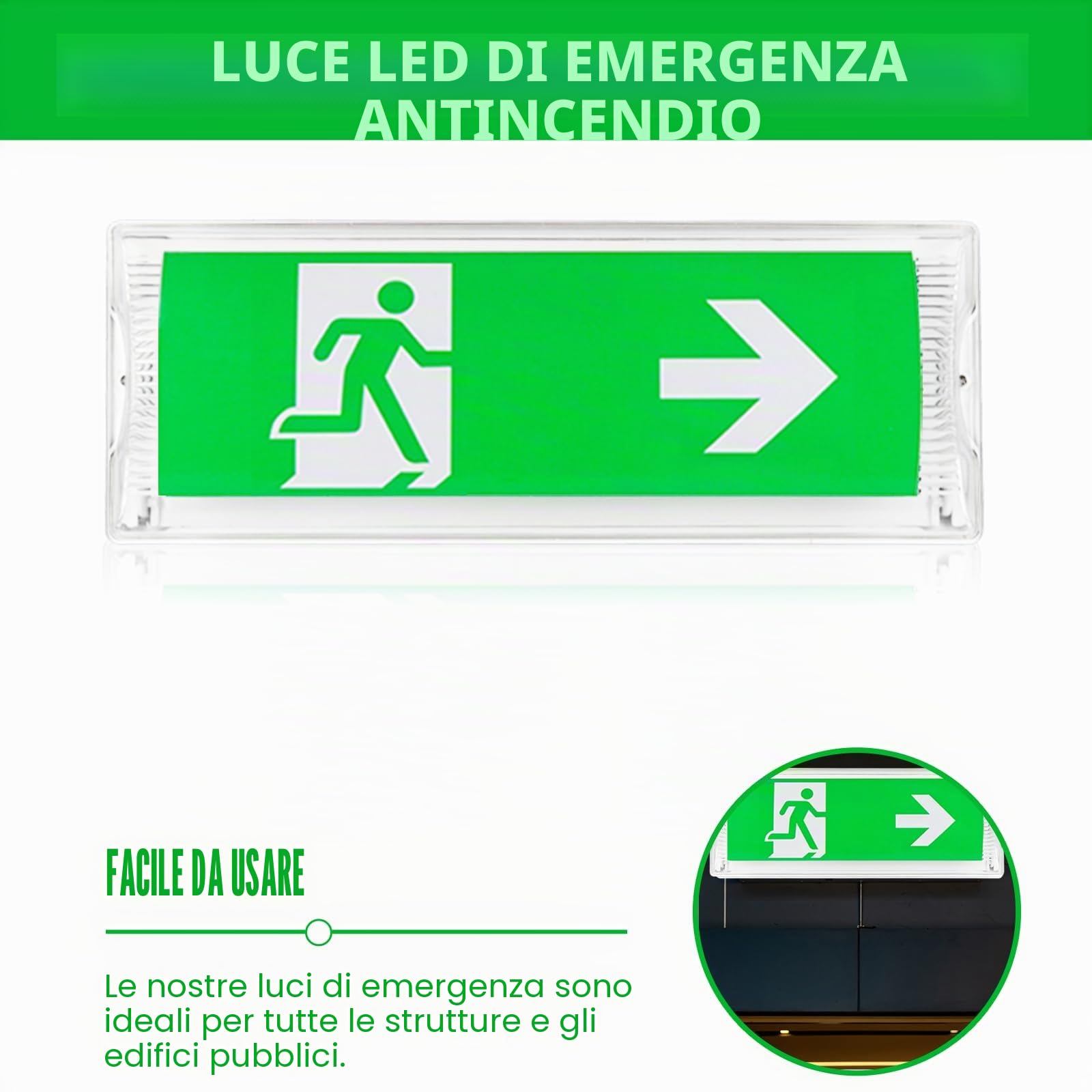 Illuminazione di emergenza a LED: lampada di emergenza impermeabile IP65, illuminazione a LED, luce di emergenza con batteria di emergenza 3 ore, luce di uscita di emergenza con 4 icona di
