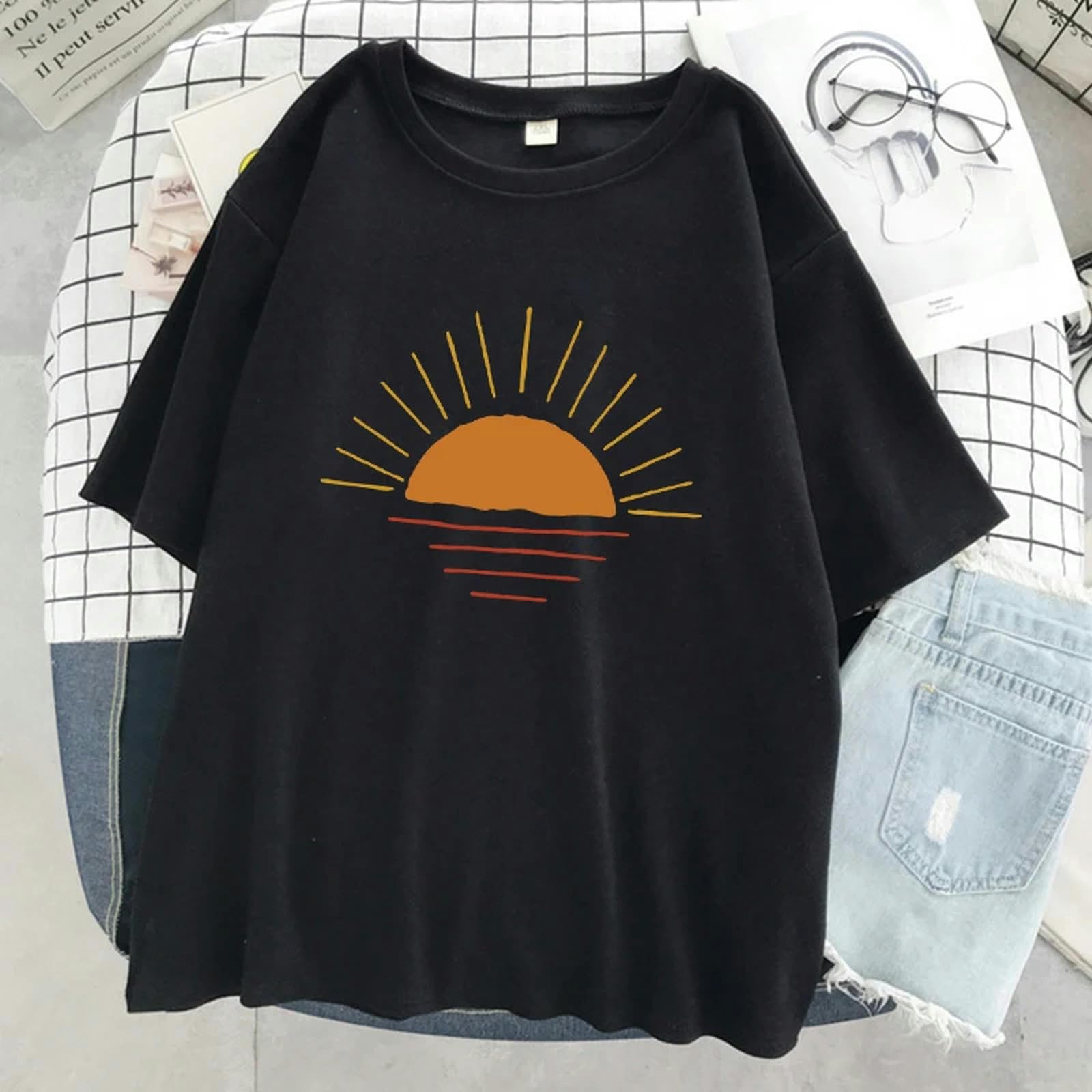 T-Shirt Shoreline T - Shirt Imprimé Femmes Street Cotton Kawaii Manches Courtes Oversize Top Loose Sport T - Shirt-Bleu Foncé-Le XXL