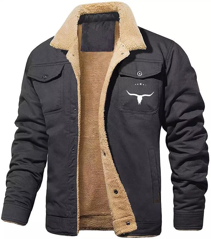 HOTYD Men's Western Fleece Jacket Warm Winter Fleece Lined Coat Lapel Work Cargo Jackets Sherpa Lined Trucker Jackets