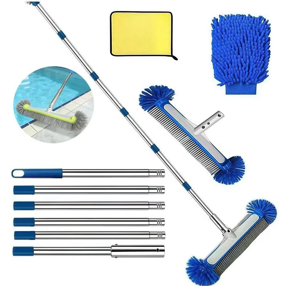 Cepillos para Piscinas 230cm, Cepillo Piscina 45cm, Cepillo para Limpiar Piscinas, Kit Piscina Limpieza, Cepillo para Limpiar Piscinas con Varilla de Acero Inoxidable.
