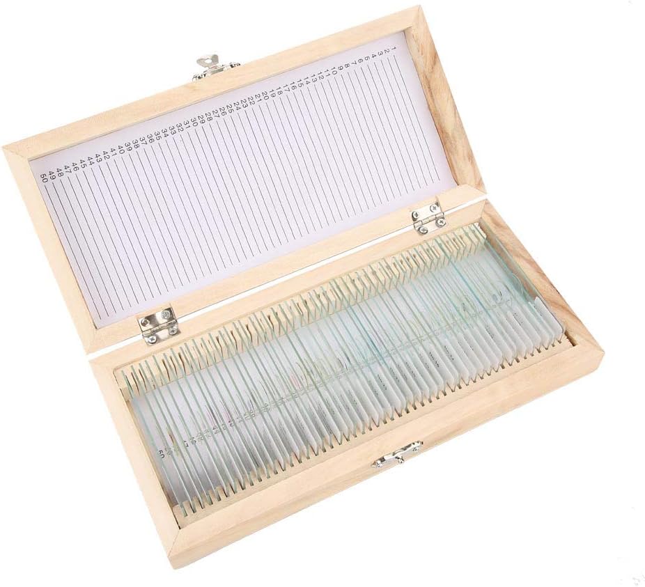 Biology Microscope Prepared Slides Set - Includes Wooden Storage Box and Machine Cleaned Glass Slides - 50 Pieces Lab Specimens of Plant Animal and Tissues for Science Education