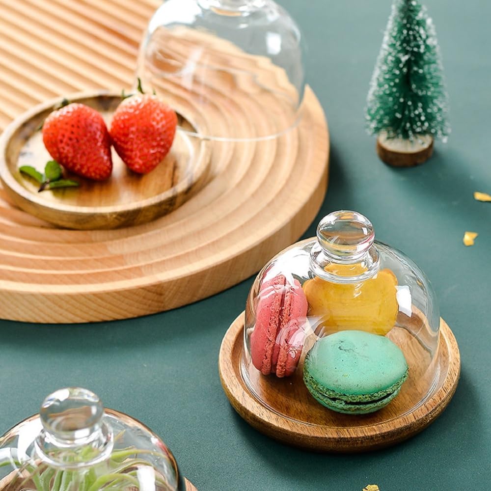 Supporto per Torte in Legno con Coperchio della Cupola, Mini Supporto per Torte in Legno, Copertura della Campana di Vetro Trasparente, Vassoio Rotondo di visualizzazione della Torta
