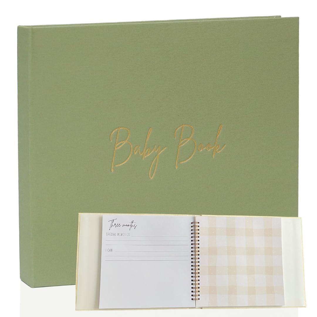 Keepsake Memory Book for Boys and Girls - Minimalist Olive Baby Book Keepsake First 5 Year Baby Memory Book - Gender Neutral Baby Journal for First Time Moms - Baby Registry Linen Hardcover
