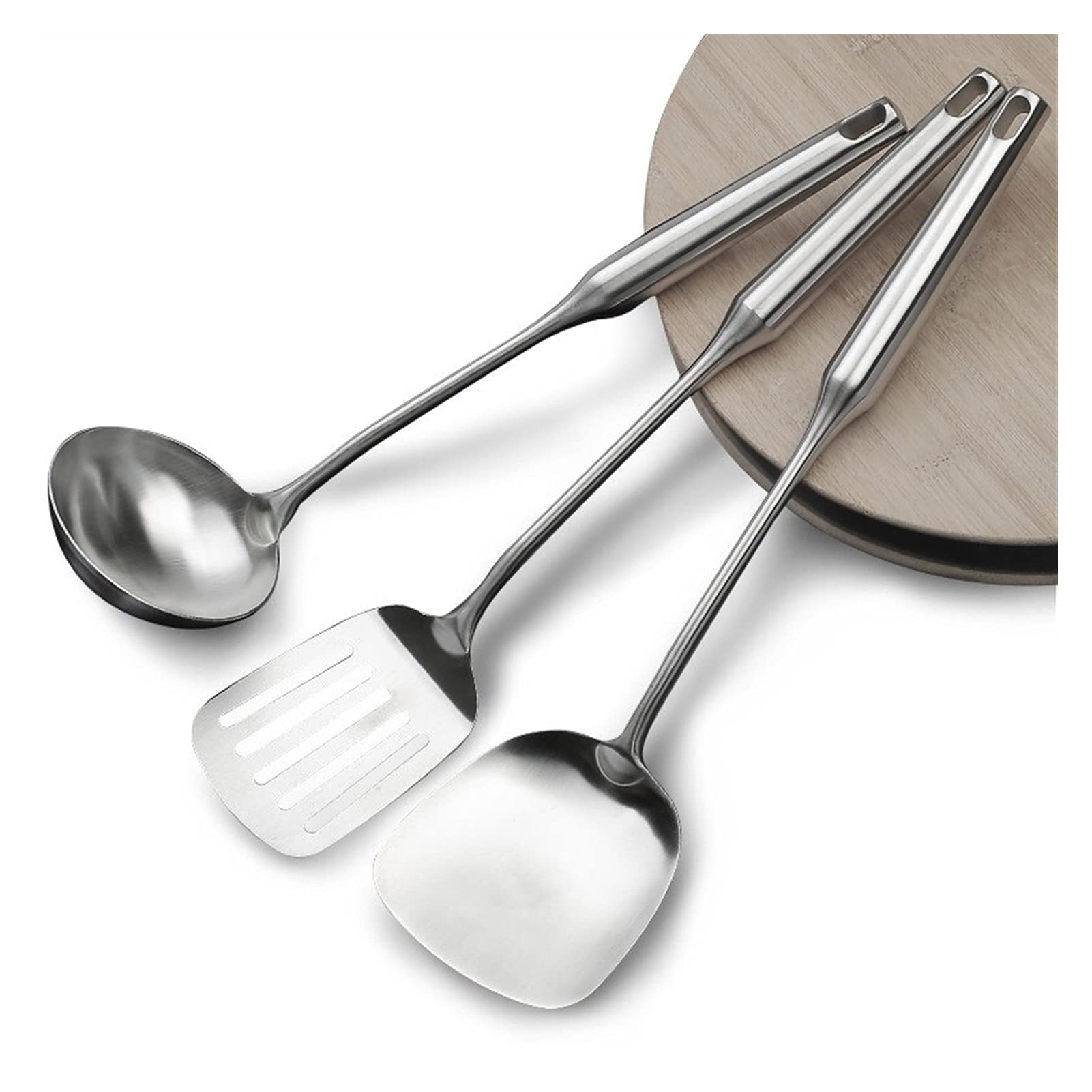 Pfannenwender, 3-teiliges Küchenutensilien-Set mit Pfannenwender aus Edelstahl, Bratenspatel, Suppenlöffel, Kochgeschirr, ideal für Eier, Pfannkuchen