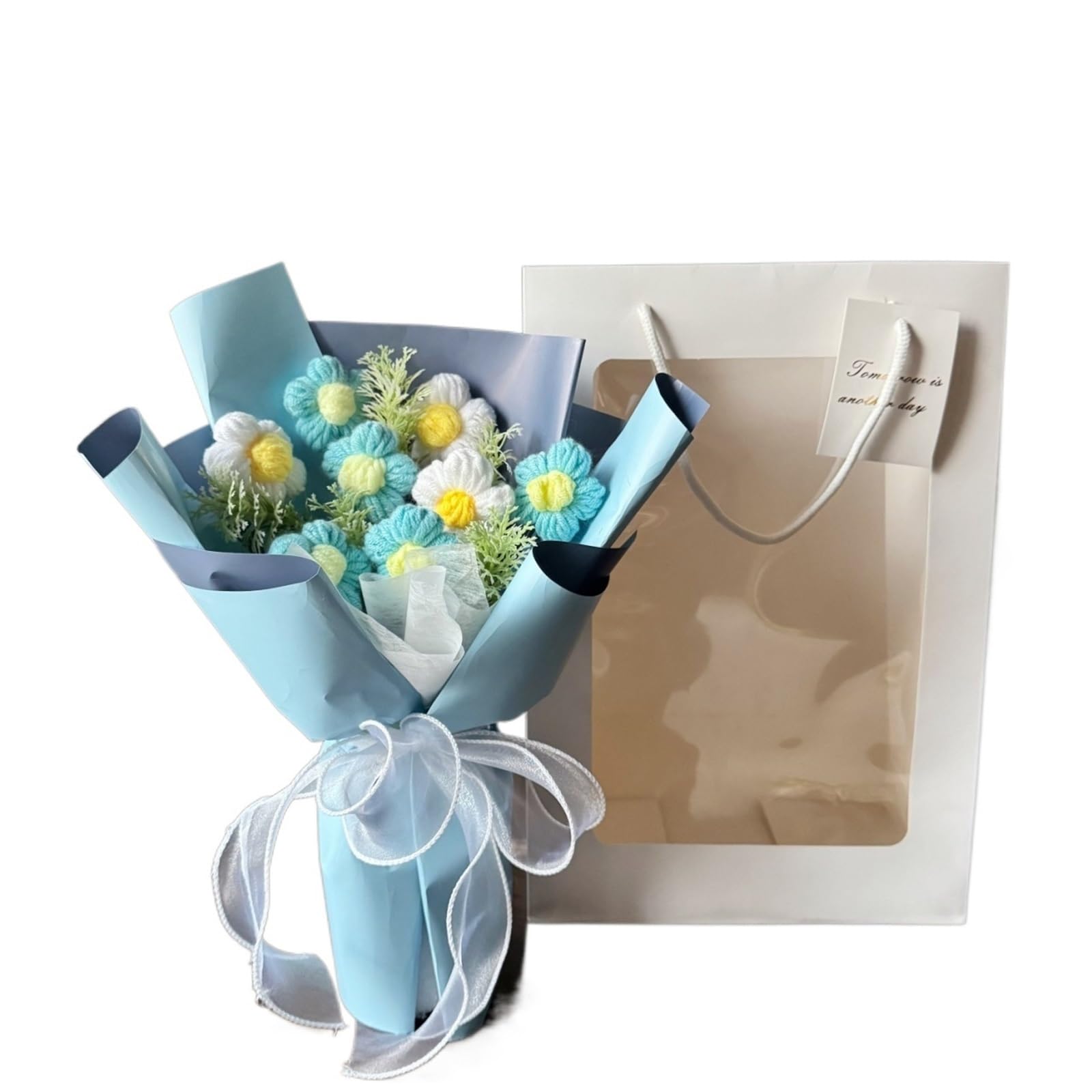 Dazhua Handmade Crochet Flower Bouquet with Gifts Bag, Eternal Floral Gifts for Valentine’s Day, Mother’s Day & Birthdays(Blue)