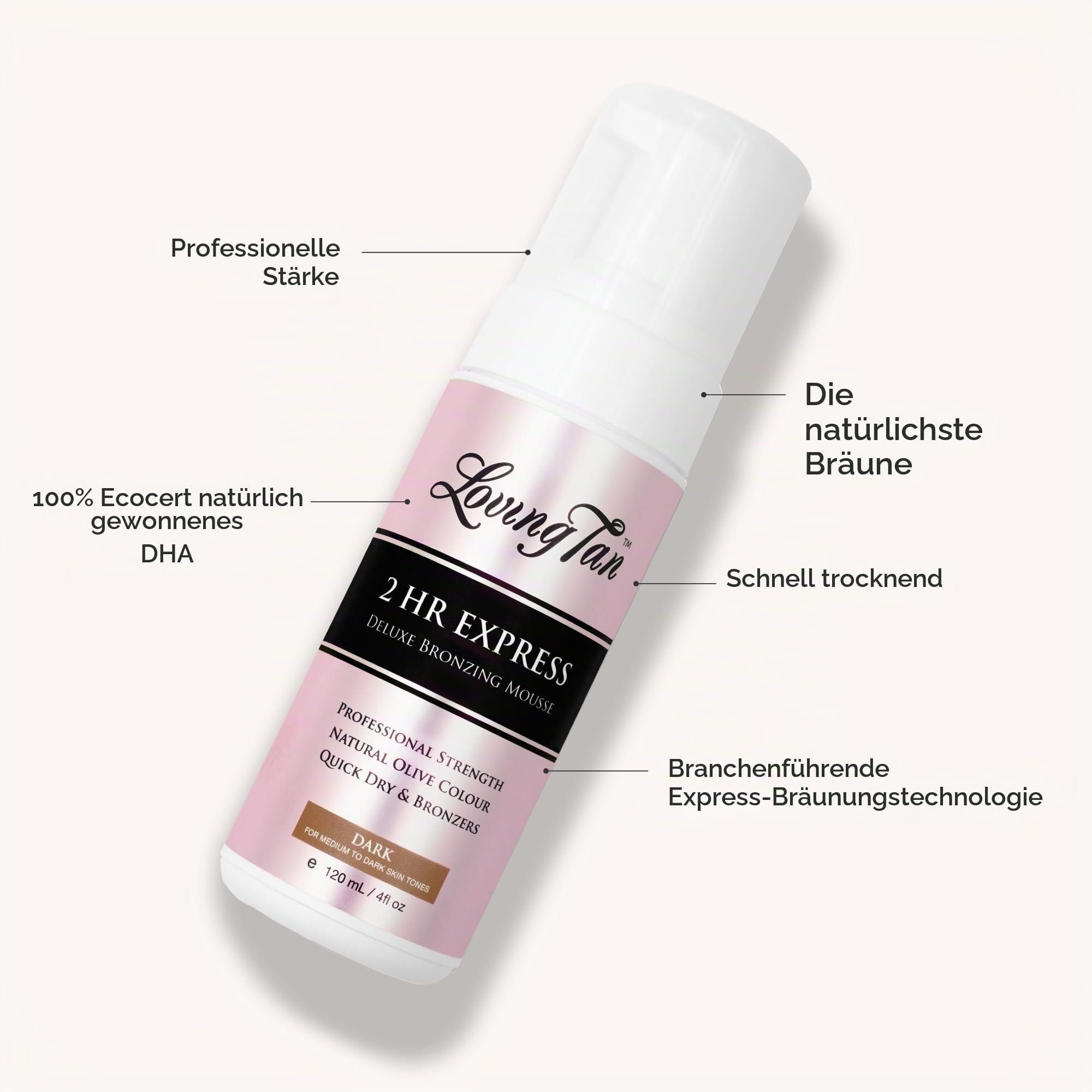 Loving Tan 2 HR Express Selbstbräunungs-Mousse, dunkel – streifenfrei, natürlich, professionelle Qualität – 5+ sonnenlose Selbstbräuner-Anwendungen pro Flasche, tierversuchsfrei, natürlich gewonnenes