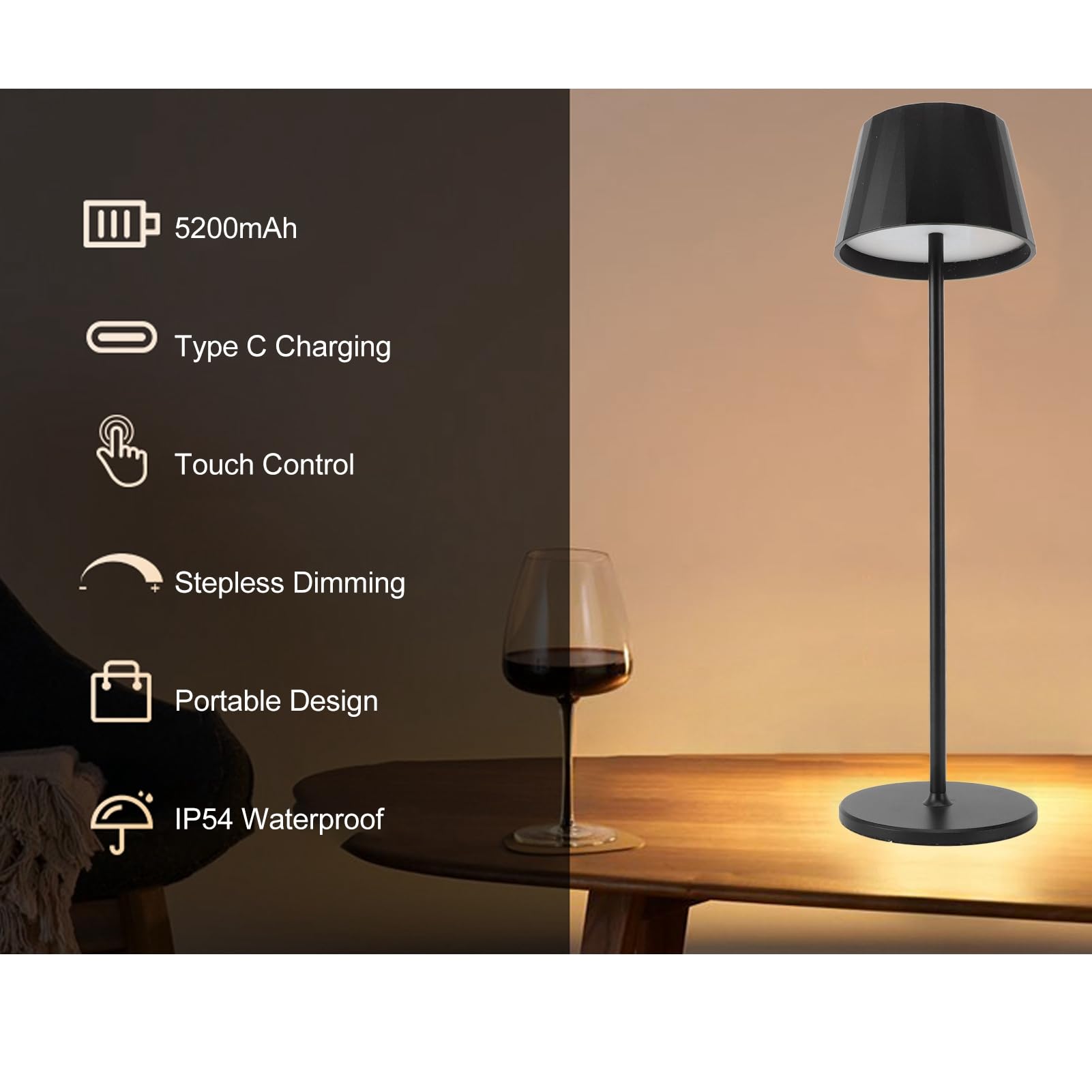 Lámpara de Mesa LED 3000K Luz Cálida 5200mah Recargable Continuo Regulable Inalámbrico Control Táctil Lámpara de Escritorio para Comedor Dormitorio Bar Negro Lámpara (Negra)