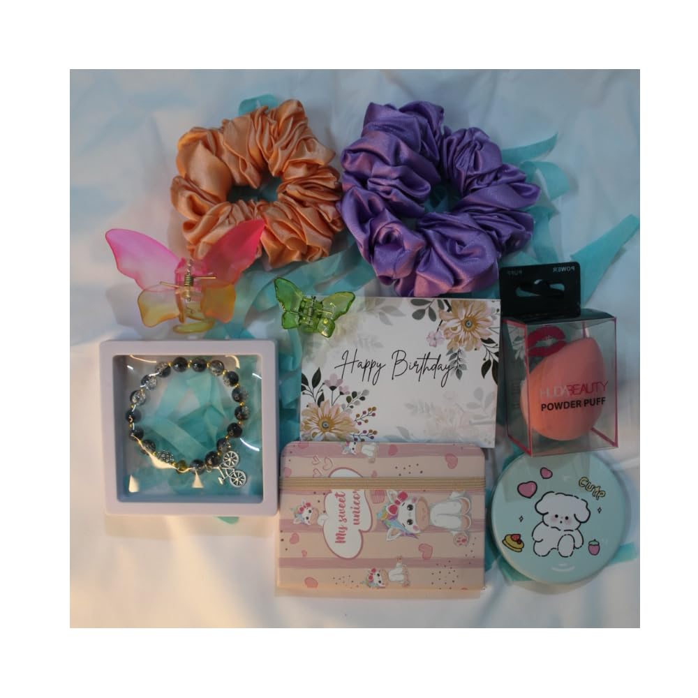 Box Of Bliss 9pcs Birthday Gift Combo/Hamper/Set for Women and Girls 2 Scrunchies, 2 Clutches, Birthday Card, CharmBracelet, Pocket Mirror,Blender,Mini Diary| Gift for Her (black)-image-39