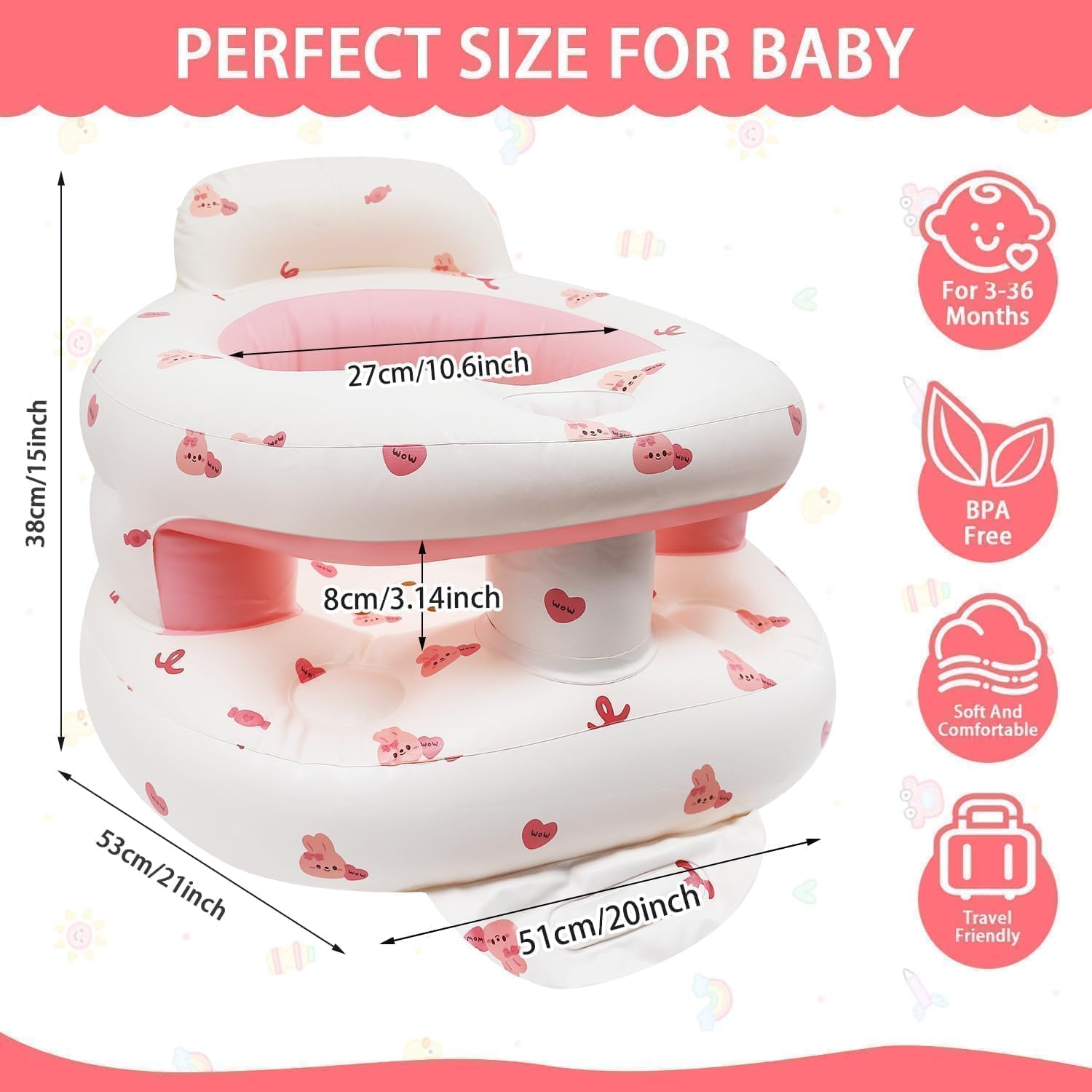 Aufblasbarer Sitz Baby für Babys ab 3-36 Monaten, Faltbarer Aufblasbarer Inflatable Baby Seat mit Integrierter Pumpe, Toddler Sitzhilfe (Kaninchen)
