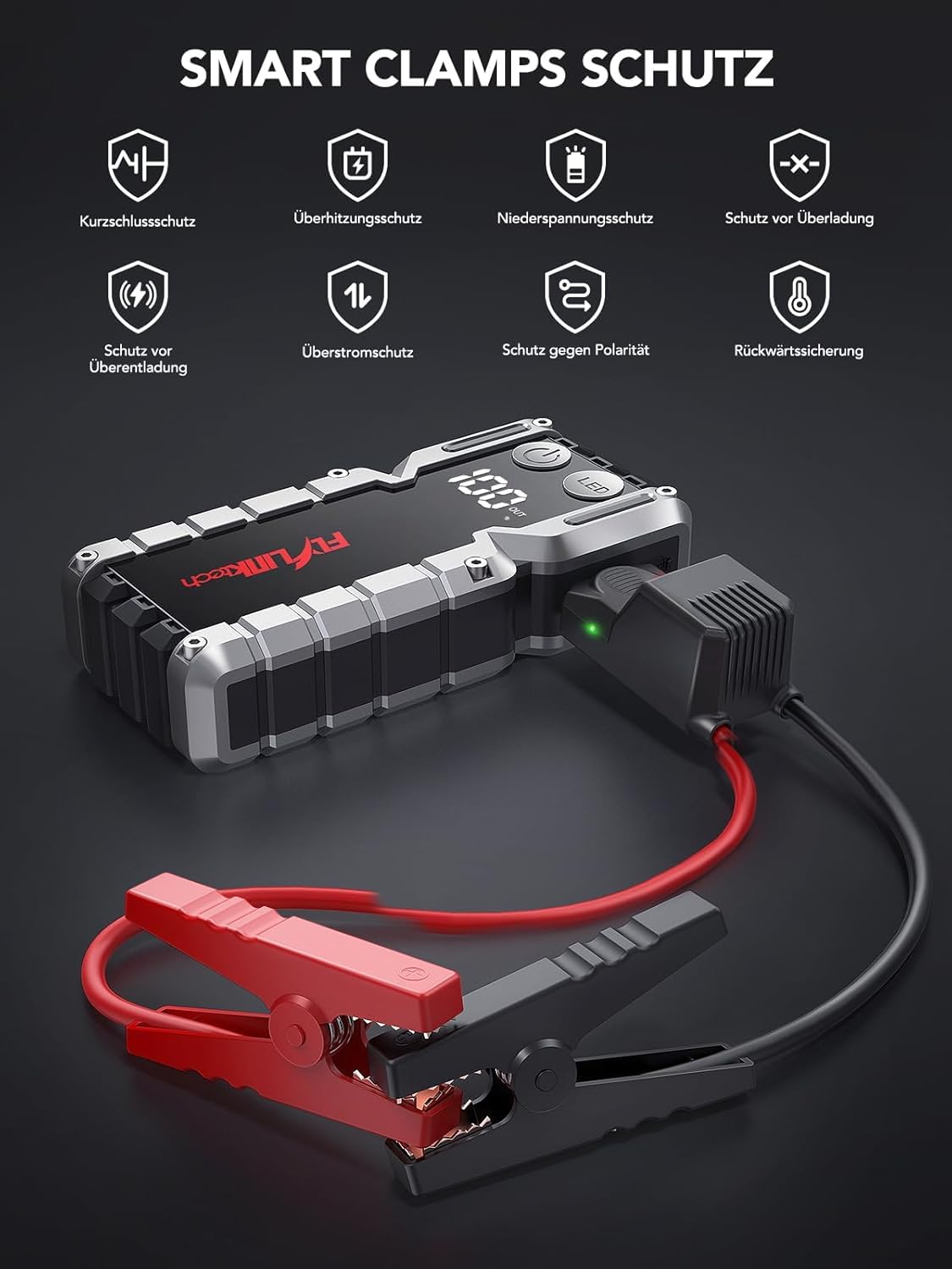 FLYLINKTECH 7000A Auto Starthilfe Powerbank für Pkw für 12V Fahrzeuge | 18000mAh/66.6Wh Starter Powerbank, USB-Schnellladung, 3-Modi LED-Licht, LCD-Display, IP67 Wasserdicht