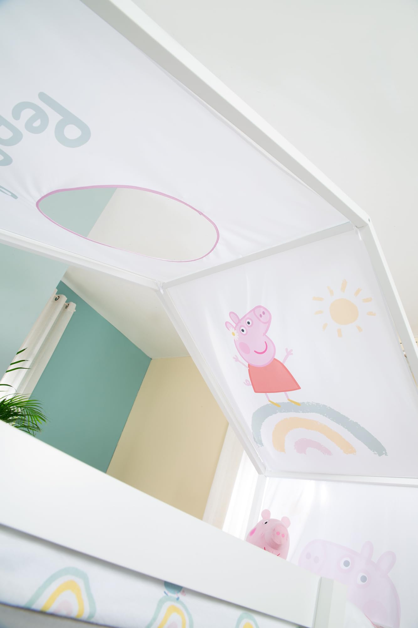 Funda roba para camas Montessori tipo casita 90 x 200 cm con diseño Peppa Pig - Accesorio para convertirla en cama con dosel - Incluye 3 bolsillos y ventana en el techo