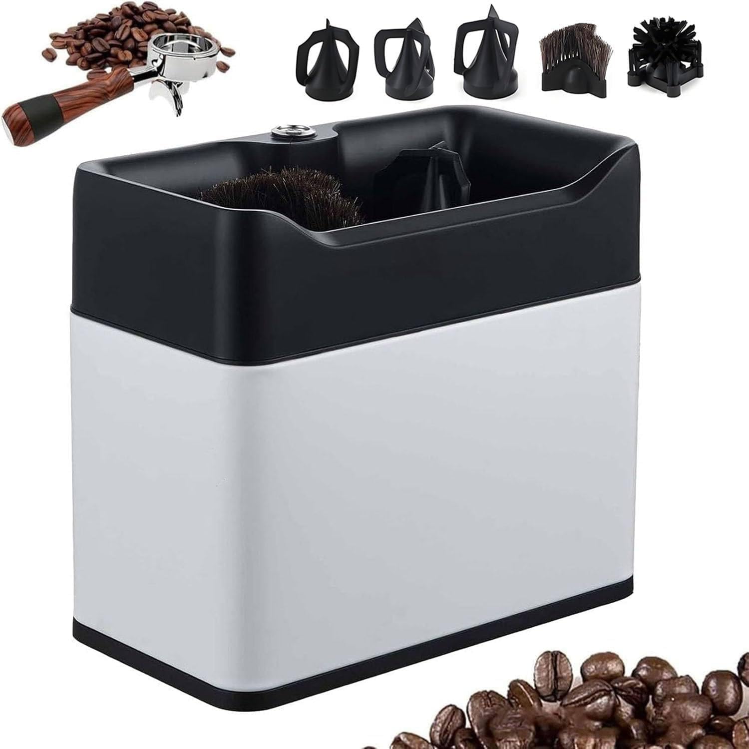 GLBMXDD Nettoyeur de Porte-Filtre à café électrique, Nettoyeur de poignée de Marc de café, têtes de Brosse Doubles, Rotation 300/min, pour cafés domestiques ou commerciaux White
