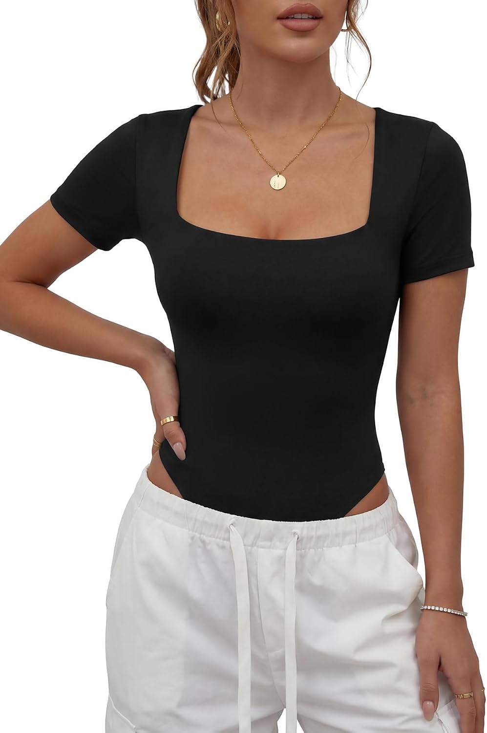 KIFOVEN Women's Double Lined Square Neck Short Sleeve Sexy Going Out Bodysuit