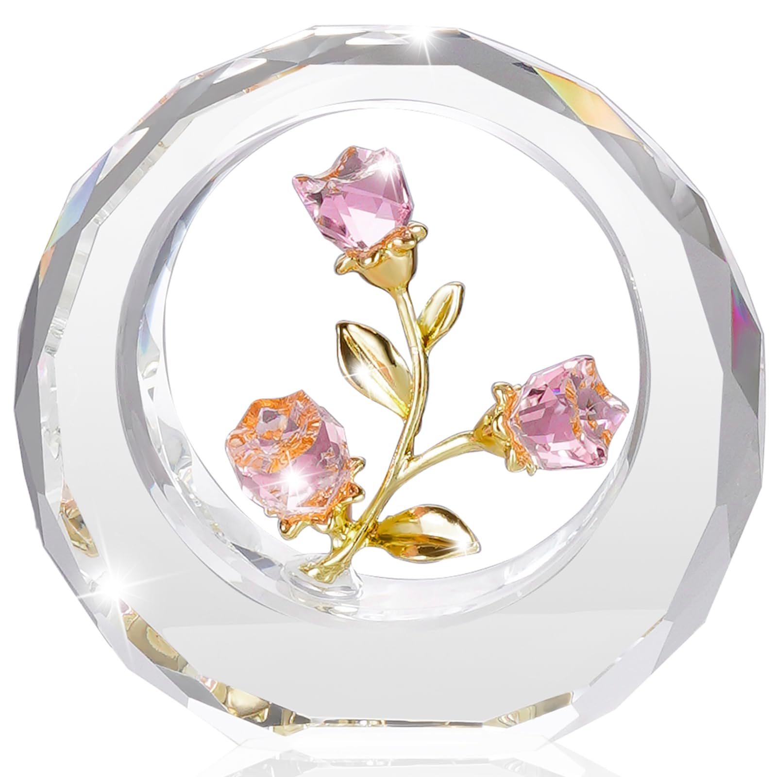 RONG KRISTO Crystal Rose Figurines Glass Flower With Stems Spring Bouquet Collectible Gifts for Wedding Birthday Party (Pink)
