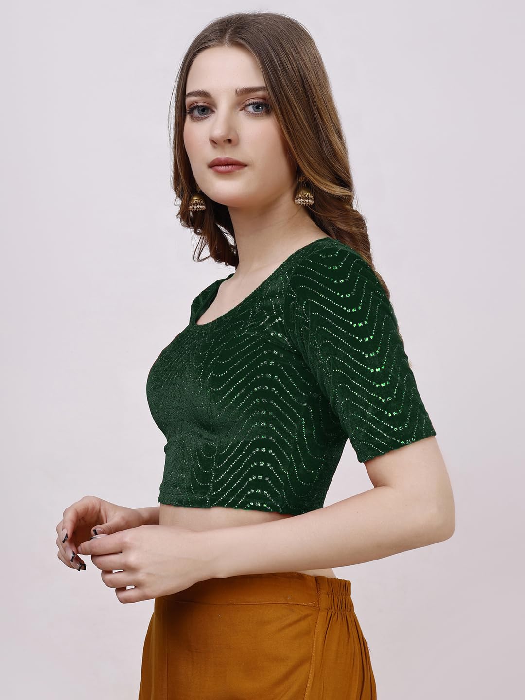 Pujia Mills Women's Readymade Hosiery Velvet Lycra Stretchable Round Neck Half Sleeve Blouse With Jari Work Fancy Green Color Lycra Stretchable Blouse For Women Readymade Saree Blouse